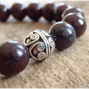 Men's Burgundy Jasper Gemstone Stretch Bracelet Sterling Silver Bead 10mm Beads